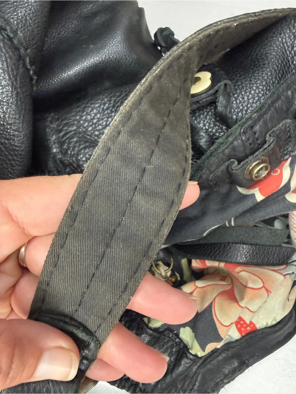 Lucky Brand Y2K Black Leather Drawstring Flower Hippie Hobo bag